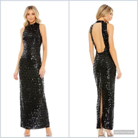 Mac Duggal 10907 Womens Black Sequin High Neck Sleeveless Column Gown Dress